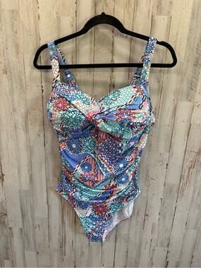 Emerald Bay Ruched Blue Pattern Flattering One Piece Swimsuit 18 Beach Pool